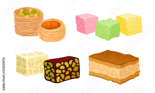 Oriental Sweets and Turkish Delights with Baklava and Rahat Lakoum Vector Set
