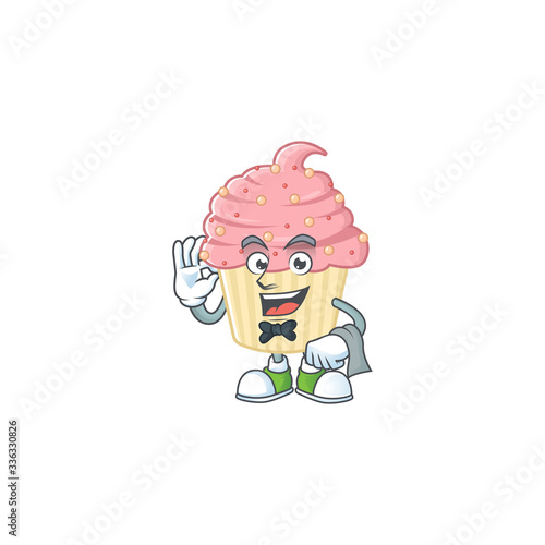 A strawberry cupcake waiter cartoon character ready to serve