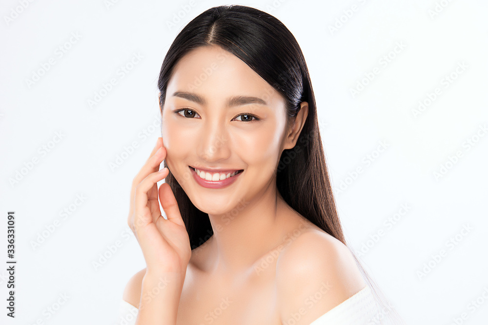 Beautiful Young Asian Woman with Clean Fresh Skin. Face care, Facial treatment, Cosmetology, beauty and healthy skin and cosmetic concept, woman beauty skin isolated on white background Beautiful Young Asian Woman with Clean Fresh Skin. Face care, Facial treatment, Cosmetology, beauty and healthy skin and cosmetic concept, woman beauty skin isolated on white background