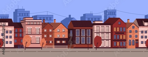 Horizontal seamless pattern with colorful cityscape. Urban landscape backgrou...