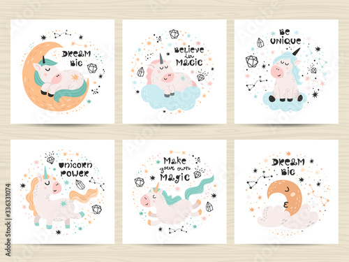 Set of posters with cute unicorns and letterings
