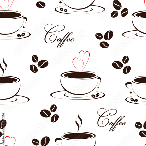 Seamless pattern with coffee cups and heart shaped aroma and roasted coffee beans
