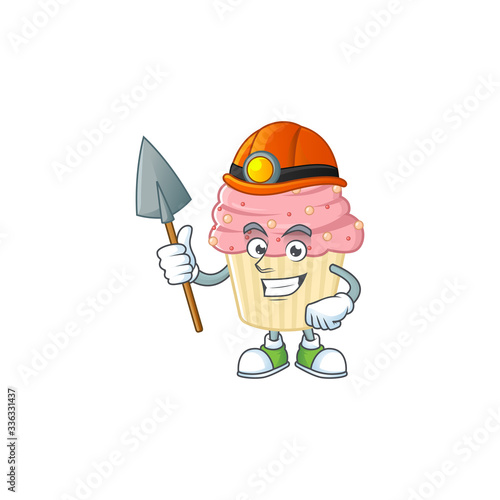 cartoon character design of strawberry cupcake work as a miner © kongvector