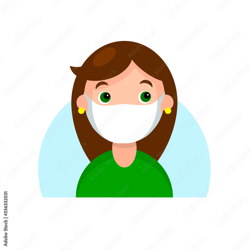Face of a brunette girl in mask. Cartoon portrait of a young woman, virus protection concept. Avatar character for icon, logo, hand drawn simple flat. Stock vector illustration isolated on white. Face of a brunette girl in mask. Cartoon portrait of a young woman, virus protection concept. Avatar character for icon, logo, hand drawn simple flat. Stock vector illustration isolated on white.