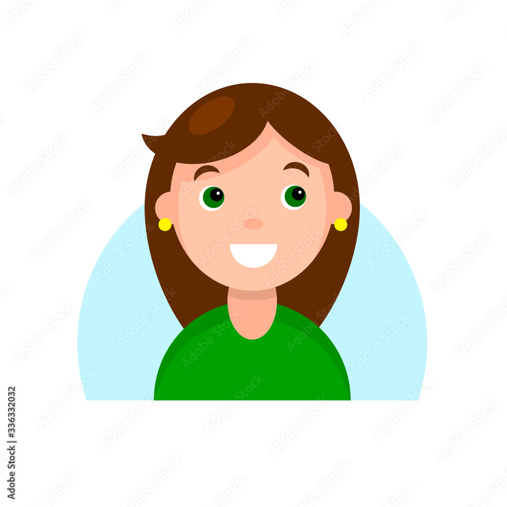 Face of a smiling brunette girl with green eyes. Cartoon portrait of a young woman. Avatar character for an icon, logo, hand drawn simple flat. Stock vector illustration isolated on white background. Face of a smiling brunette girl with green eyes. Cartoon portrait of a young woman. Avatar character for an icon, logo, hand drawn simple flat. Stock vector illustration isolated on white background.