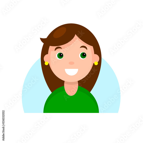 Face of a smiling brunette girl with green eyes. Cartoon portrait of a young woman. Avatar character for an icon, logo, hand drawn simple flat. Stock vector illustration isolated on white background.