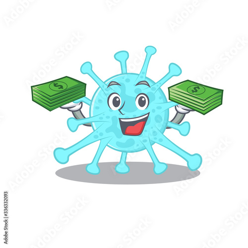 A wealthy cegacovirus cartoon character having money on hands © kongvector