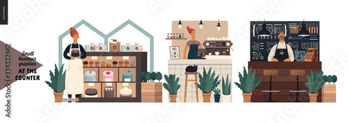 Counters -small business graphics. Modern flat vector concept illustrations -set of counters - cake shop, cat cafe, burger house. Owners wearing apron at the counter