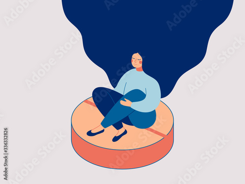 Happy woman sits on the big sedative pill. Concept of influence and side effects of anti-anxiety meds on the women’s moods. Vector