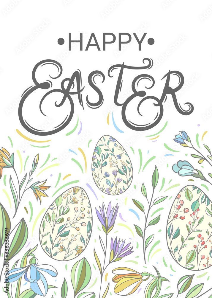 Easter card with painted eggs and spring flowers Stock Vector | Adobe Stock