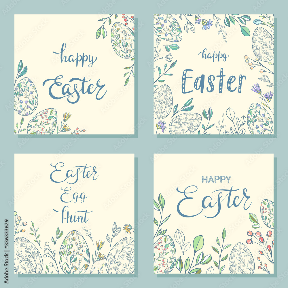 Set of square Happy Easter cards with painted eggs and floral elements