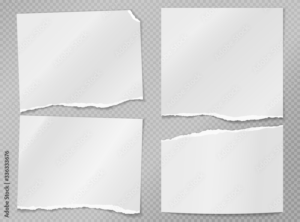 Torn of white note, notebook paper strips, pieces stuck on grey squared background. Vector illustration