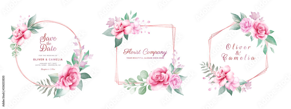Set of watercolor floral frame. Botanic decoration illustration of roses and gold leaves. Botanic elements for wedding or greeting card design vector