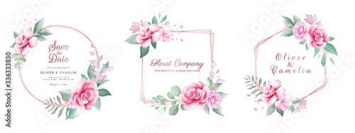Set of watercolor floral frame. Botanic decoration illustration of roses and gold leaves. Botanic elements for wedding or greeting card design vector