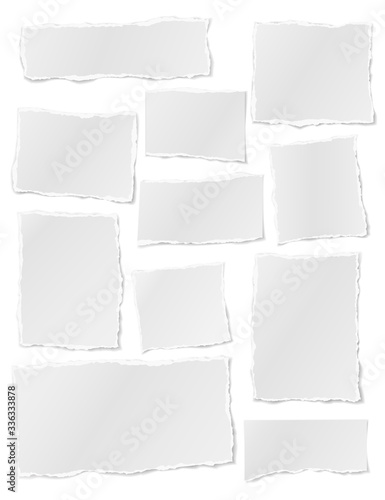 Torn of white note, notebook paper strips, pieces stuck on white background. Vector illustration