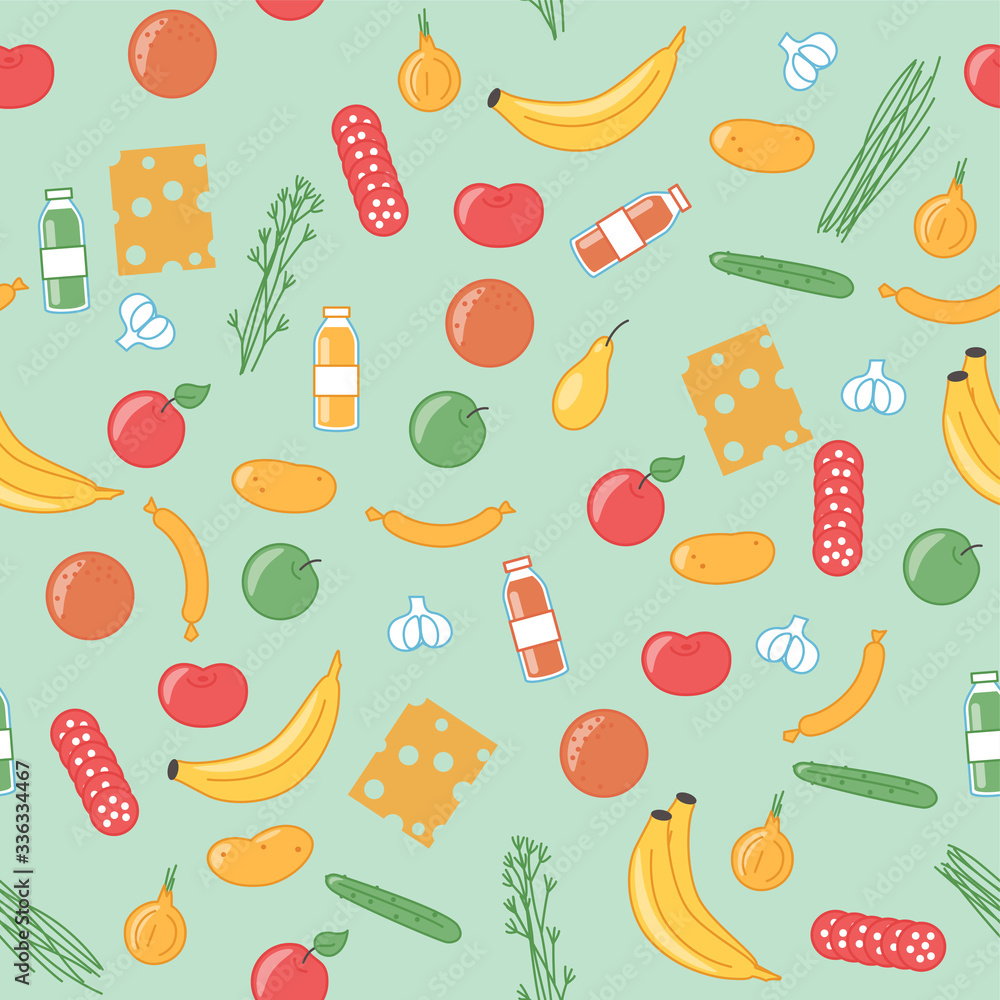 Grocery seamless pattern. Different products for your nutrition. Vector illustration in cartoon style Grocery seamless pattern. Different products for your nutrition. Vector illustration in cartoon style