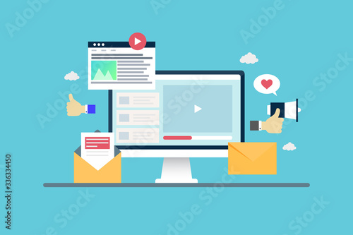 Advertising content online. Content marketing strategy - flat design vector background