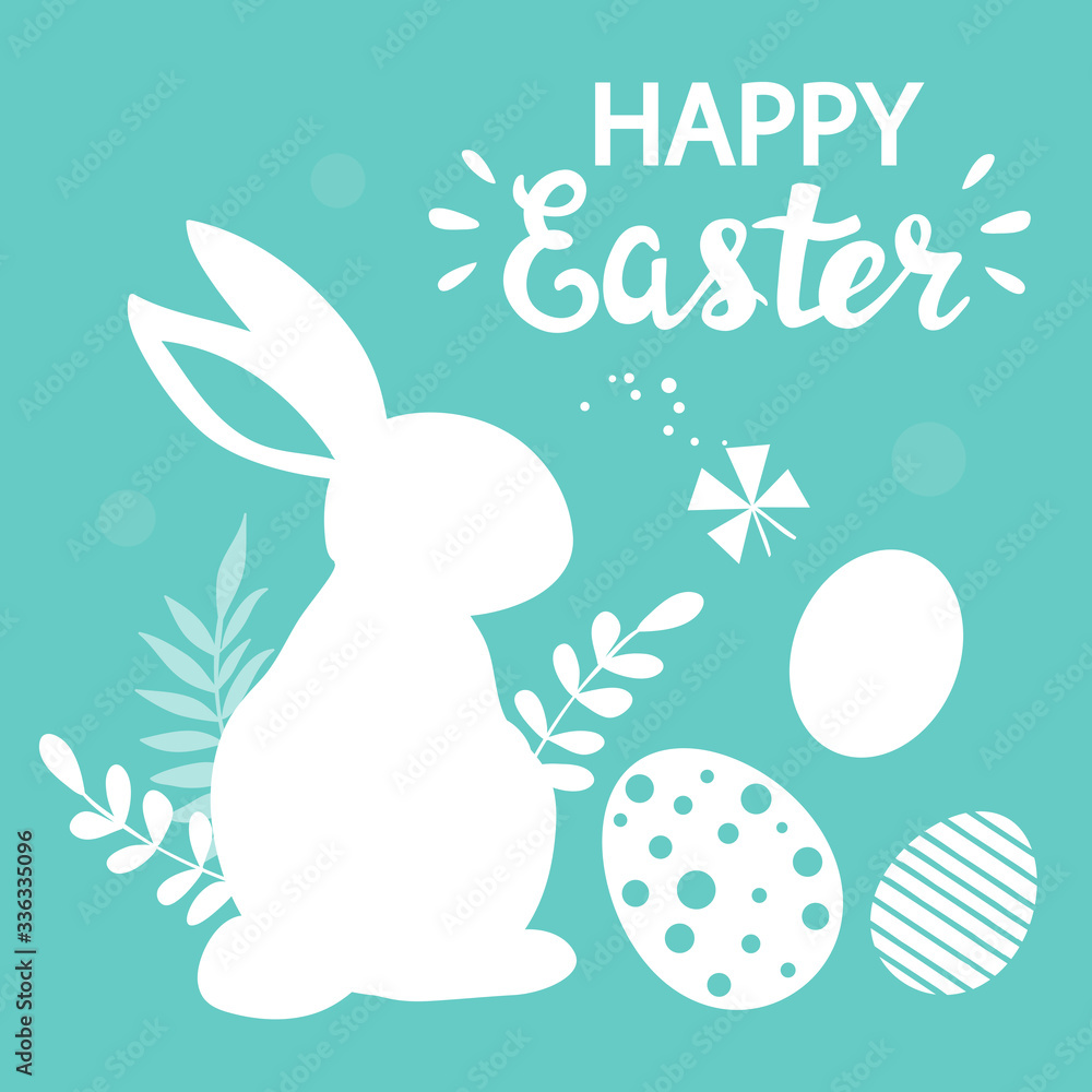 Fototapeta premium Vector illustration with silhouette of a white rabbits, eggs and the inscription happy easter on a blue background