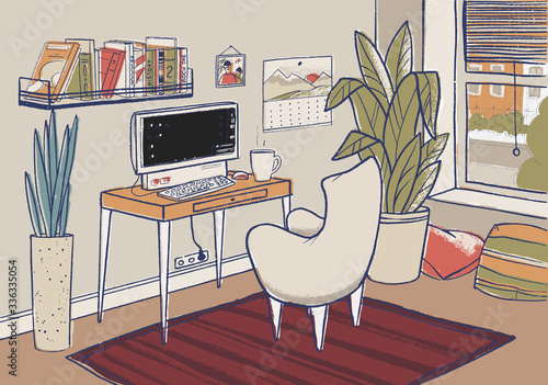 Cozy home office vector illustration. Cute interior for working from home.