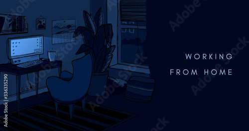 Cozy dark night home office vector illustration. Cute interior for working from home.