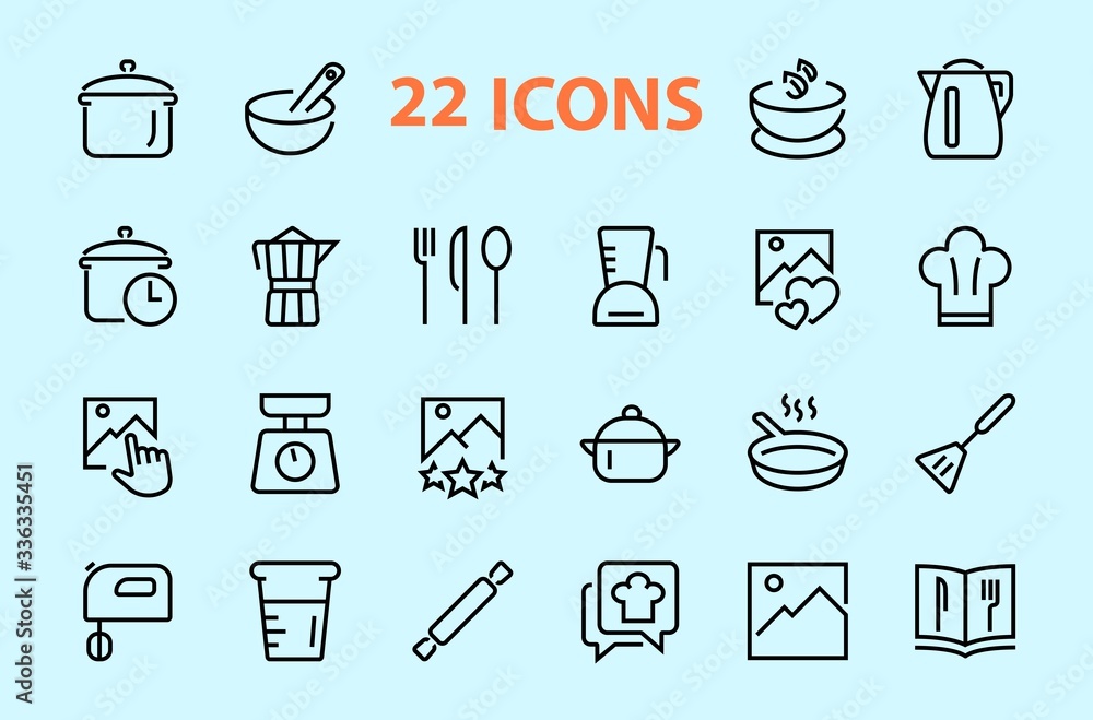 Set of icons for cooking and kitchen, vector lines, contains icons such as a knife, saucepan, boiling time, mixer, scales, recipe book. Editable stroke, perfect 480x480 pixels, white background Set of icons for cooking and kitchen, vector lines, contains icons such as a knife, saucepan, boiling time, mixer, scales, recipe book. Editable stroke, perfect 480x480 pixels, white background