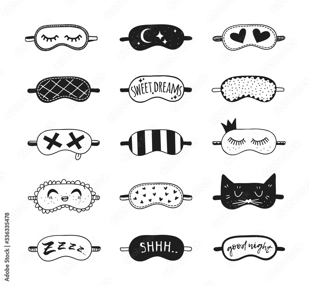 Hand drawn set of Sleeping Mask.Vector Cozy Illustration. Creative artwork. Doodle drawing Sleep Routine objects Hand drawn set of Sleeping Mask.Vector Cozy Illustration. Creative artwork. Doodle drawing Sleep Routine objects