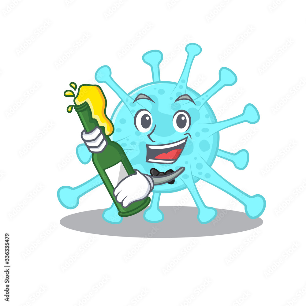 Mascot character design of cegacovirus say cheers with bottle of beer Mascot character design of cegacovirus say cheers with bottle of beer