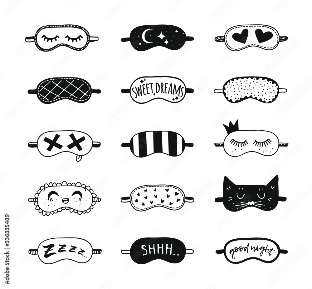 Hand drawn set of Sleeping Mask.Vector Cozy Illustration. Creative artwork. Doodle drawing Sleep Routine objects Hand drawn set of Sleeping Mask.Vector Cozy Illustration. Creative artwork. Doodle drawing Sleep Routine objects
