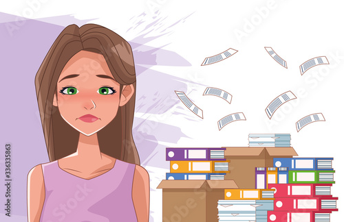 woman sad with stress symptom and pile documents