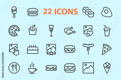 Fototapeta Naklejka Na Ścianę i Meble -    A simple set of fast food icons related to the vector line. Contains icons such as pizza, burger, sushi, bike, scrambled eggs and more. EDITABLE stroke. 480x480 pixels perfect, EPS 10