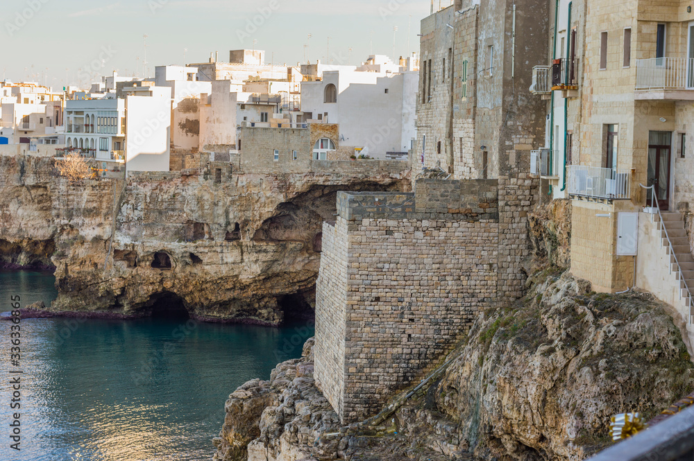 Steep rocky Adriatic shore at Polignano a Mare, Italy