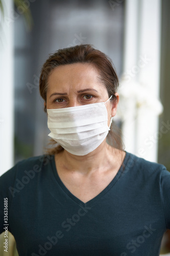 close up portrait of woman wearing surgical mask because of viruses and air pollution. Covid-19.