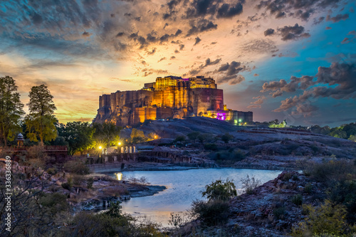 Mehrangarh Fort ancient architecture, located in Jodhpur, Rajasthan is one of the largest forts in India, UNESCO World heritage site, Blue City, Jodhpur, Rajasthan, India.