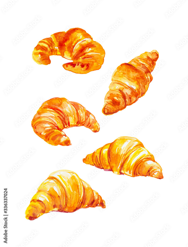 A set of different croissants. Watercolor illustration isolated on white background