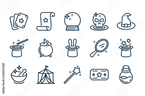 Magic and Circus related line icon set. Magical stuff linear vector icons.