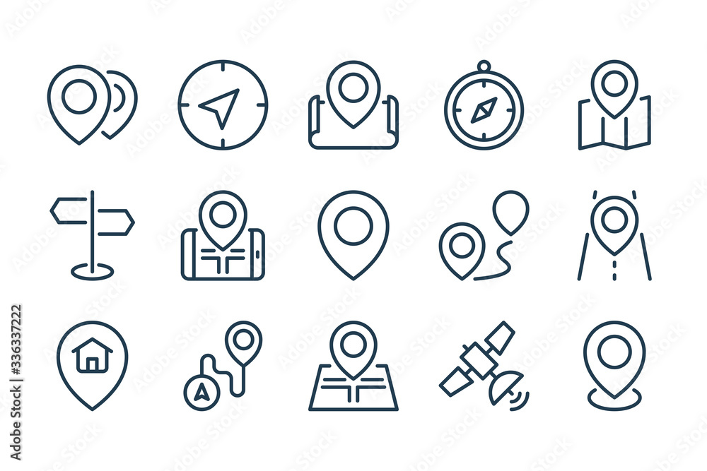 Location and Navigation line icons. Pin and Map Pointer vector outline icon set. Location and Navigation line icons. Pin and Map Pointer vector outline icon set.