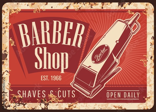 Barber shop hair cut trimmer vintage vector rusty metal plate. Gentleman and hipster haircut, beard and mustaches shaving barbershop salon, hair electric trimmer tool