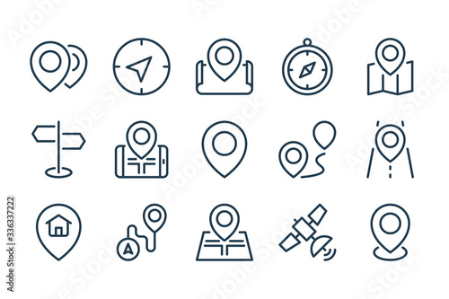 Location and Navigation line icons. Pin and Map Pointer vector outline icon set.