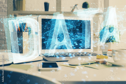 Multi exposure of desktop computer and technology theme hologram. Concept of software development. © peshkova