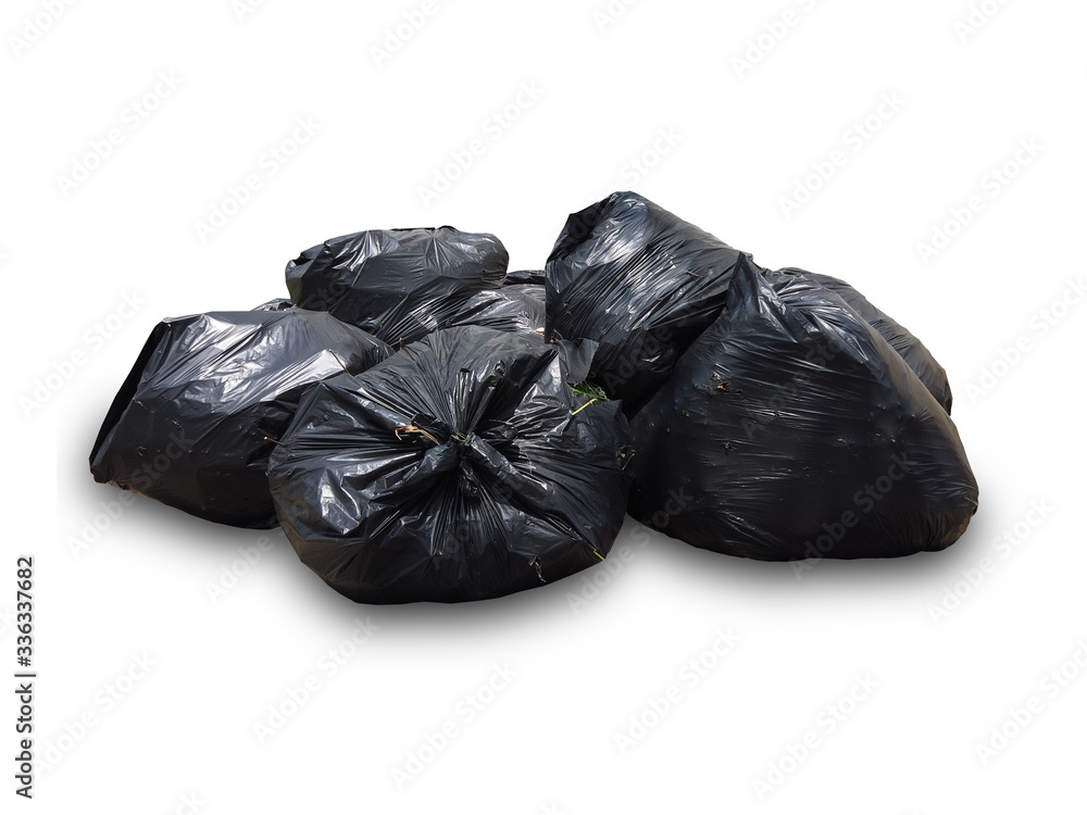A garbage dump with a large and black plastic bag isolated on white background.