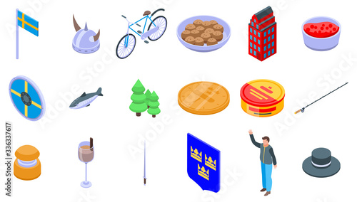 Sweden icons set. Isometric set of Sweden vector icons for web design isolated on white background