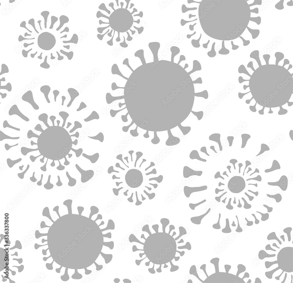 Virus, seamless pattern, solid color, white. Virus strain. Gray flat images on a white field. Vector image. Virus, seamless pattern, solid color, white. Virus strain. Gray flat images on a white field. Vector image.