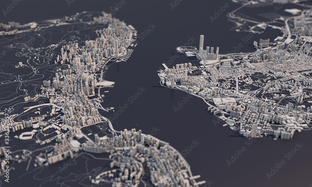 Fototapeta premium Hong Kong city map 3D Rendering. Aerial satellite view.