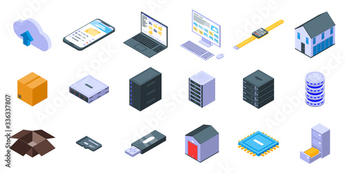 Storage icons set. Isometric set of storage vector icons for web design isolated on white background