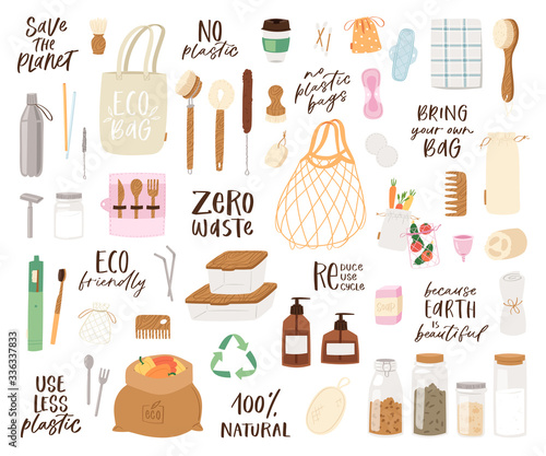Big set of Zero Waste recycle and reusable products with lettering quotes. Go green, eco style, no plastic, save the planet objects for home, shopping and cosmetics. Durable vector collection 