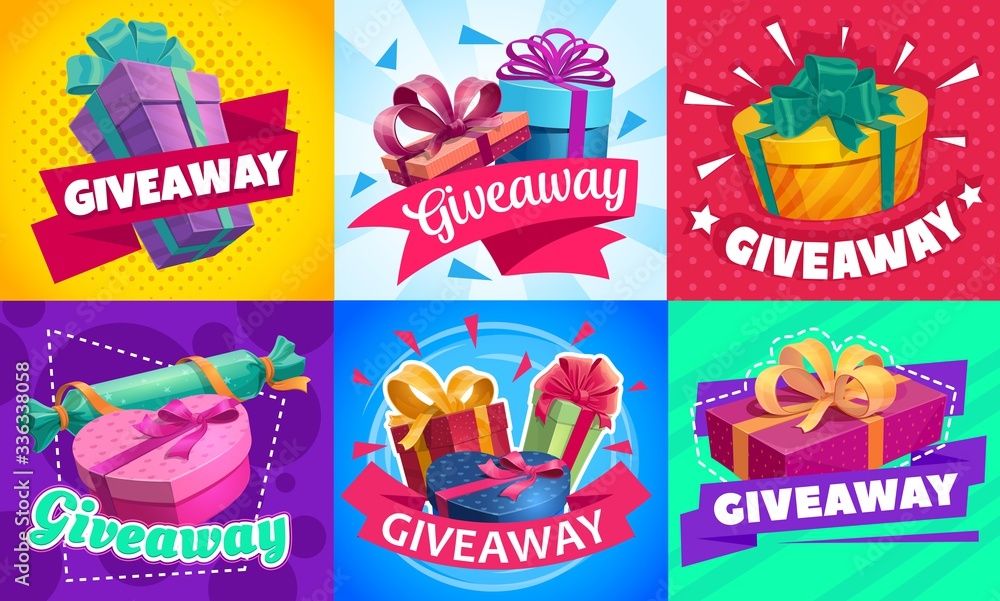 Giveaway gift boxes, promotion contest and competition free prizes, vector posters. Holidays and shopping giveaway gifts promo for wedding, Valentine day and Christmas - obrazy, fototapety, plakaty 