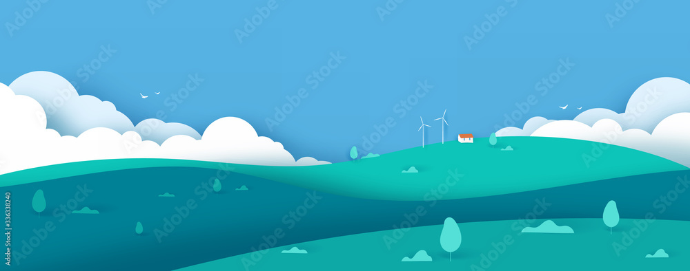 Wide green nature landscape concept with clouds , hills, house on blue background. scenery banner background paper art style. Template for cards. Vector illustration.