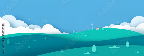 Wide green nature landscape concept with clouds , hills, house on blue background. scenery banner background paper art style. Template for cards. Vector illustration.