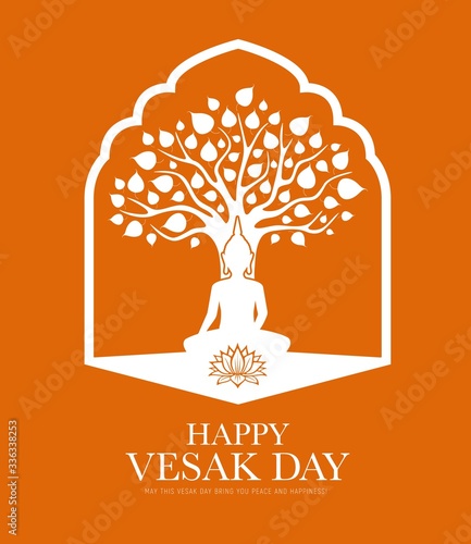 Vesak day traditional Buddhism religion holiday, Buddha in lotus at tree, vector. Vesak day or Buddha day silhouette, Buddhism and Hinduism religious celebration
