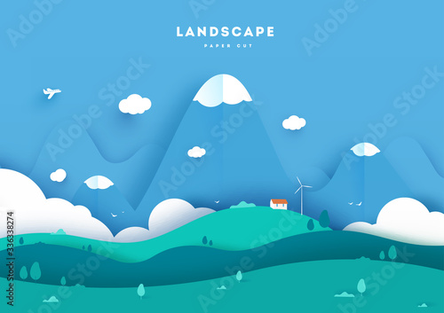 Colorful mountain paper cut style background vector illustration.